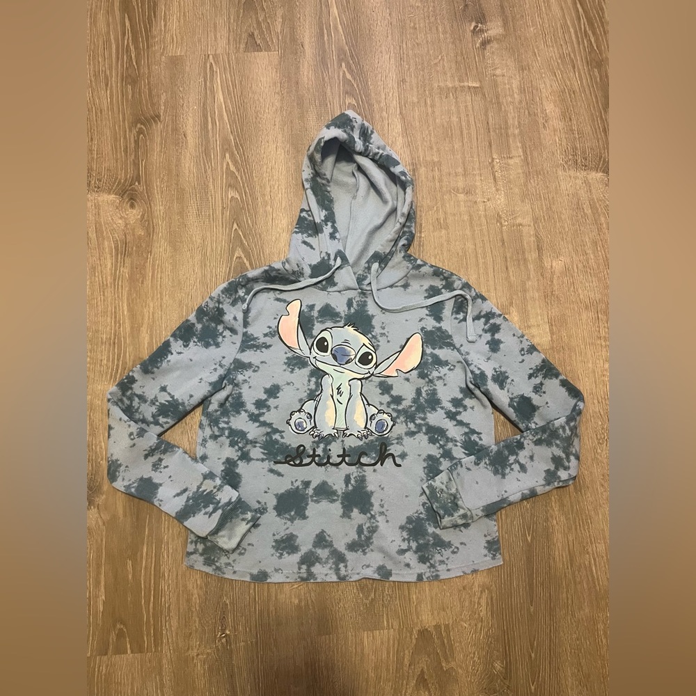 Disney Lilo and Stitch Ohana Blue Tie Dye Boxy Cropped Hoodie Sweatshirt Size S